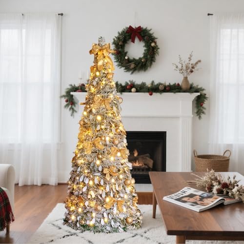 VINGLI 6ft Pre Lit Pop Up Christmas Tree w/ 100 Lights, Fully Decorated Flocked Pencil Christmas Tree, Collapsible Xmas Tree for Holiday Party Decorations, Gold