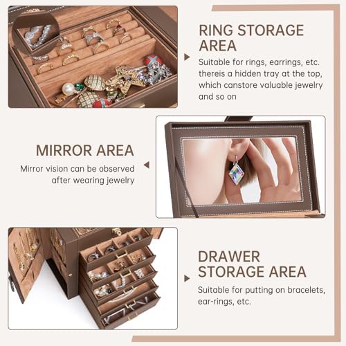 AKOZLIN 6-Tier Jewelry Box Organizer 5 Drawers Storage Medium Brown