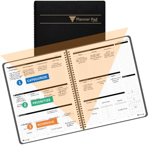 Planner Pad Spiral Bound July 2026 – June 2027 / Academic Year 8 1/2" x 11" Large 3-Tier Funnel Down 12 Month/Weekly Organizer, Black Cover/Black Ink