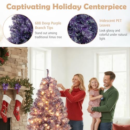 HAPPYGRILL 6 FT Pre-lit Tinsel Christmas Tree Artificial Xmas Tree with 250 LED Lights, 8 Modes, 688 Deep Purple Branch Tips, Folding Metal Stand, Seasonal Holiday Tree for Home Office Party