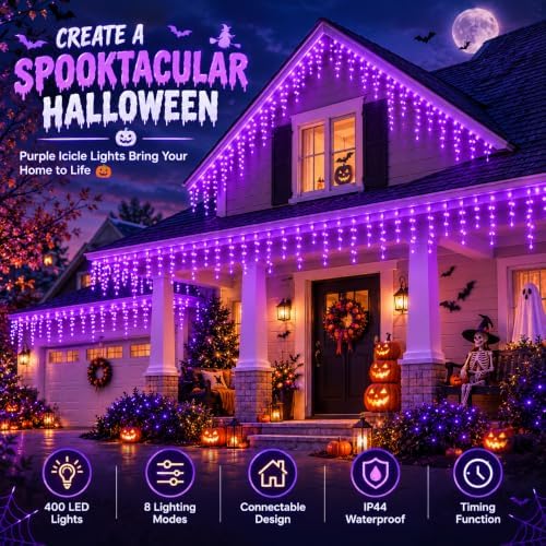 JMEXSUSS 38.8 FT 400 LED Purple Halloween Icicle Lights Outdoor