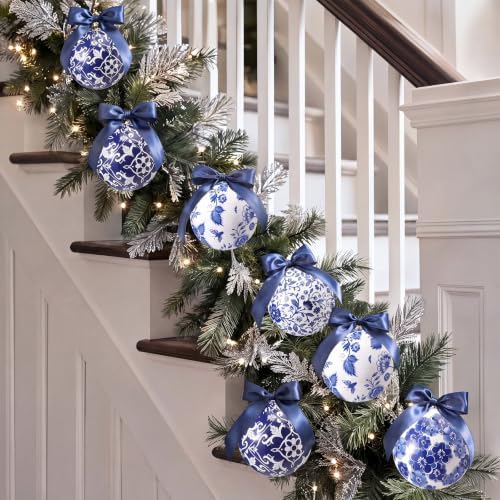 RoundFunny 4 Pcs Chinoiserie Christmas Ornaments 6 Inch Large Blue White Ball Ornaments with Ribbon Foam Porcelain Chinoiserie Christmas Decorations for Home Xmas Tree Party Decor, Not Porcelain