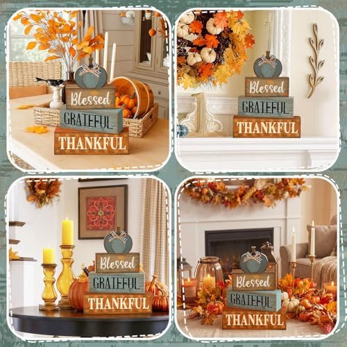 Lineshading 4 Pcs Fall Table Decor for Home, Blue Wooden Pumpkin Block Sign