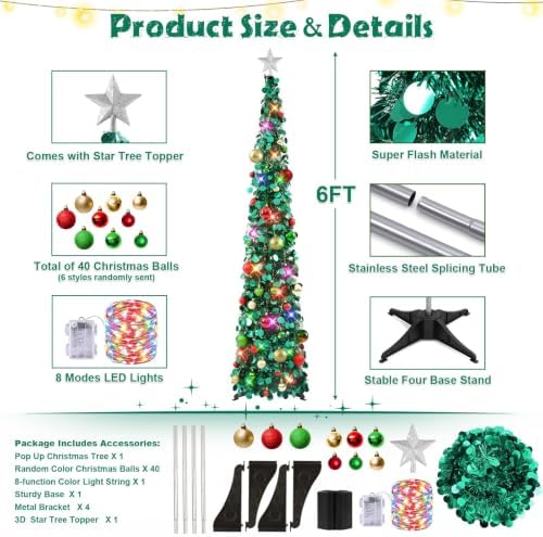 N&T NIETING Pop Up Christmas Tree with Lights & 40 Balls, 6Ft Collapsible Green Tinsel Tree Decorations, Skinny Christmas Tree for Holiday Home Office Decor, Green