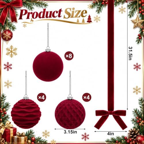 16 Sets Burgundy Velvet Christmas Ball Ornaments with Bow Ribbon, 35" Long