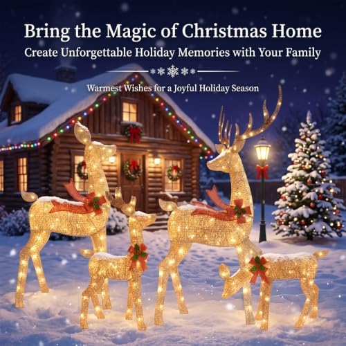 5.7FT Christmas Reindeer Family Set, 4Pcs 3D Christmas Decorations Outdoor Deer with 255 LEDs Outdoor Yard Decoration, Stakes, Zip Ties - Gold