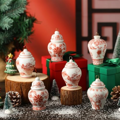 Peryiter 12 Pcs Red Ginger Jar Christmas Ornaments, Mini Hanging Decor