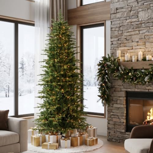 Glitzhome Prelit Christmas Tree, 7.5ft Artificial Christmas Tree with 1,400 Warm White & Multi-Color Chasing and Twinkling Lights, 9 Light Modes, Easy Setup, Radiant Slim Evergreen for Holiday Décor