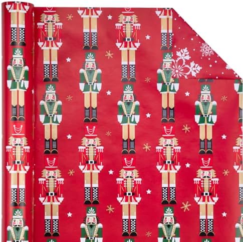 WRAPAHOLIC 30 Inch Reversible Nutcracker Christmas Wrapping Paper - 30 Inch x 33 Feet - Red Nutcracker and Snowflake Wrapping Paper for Christmas, Holiday, Party