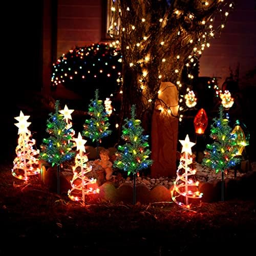 Windpnn Upgraded 4-Pack Solar Christmas Garden Stake Lights, Decorative Xmas Tree Solar Christmas Yard Stake Outdoor Waterproof Pathway Lights for Garden Patio Yard Decorations