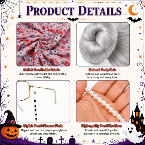 7 Pcs Halloween Fat Old Lady Costume Set, Grandma Dress Fat Suits
