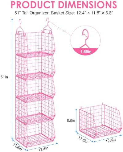 5 Tier Closet Hanging Organizer, Clothes Hanging Shelves with 4 Hanging Hooks 5 S Hooks, Wire Storage Basket Bins, for Clothing Sweaters Shoes Handbags Clutches Accessories Patent Design-Pink