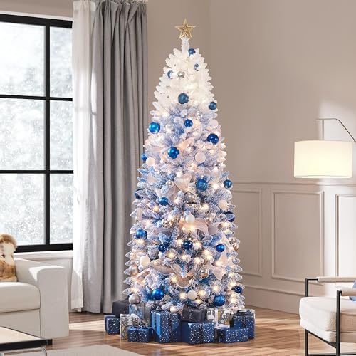 Yaheetech 7.5ft Prelit Flocked Pencil Christmas Tree, Lake Blue Gradient