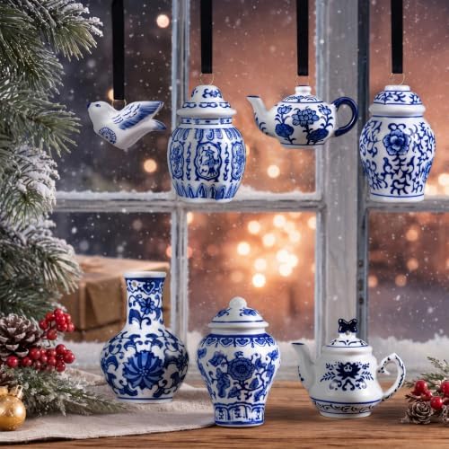 Peryiter 12 Pieces White Blue Christmas Ornaments Chinoiserie Porcelain Christmas Ornaments Mini Ginger Jar for Xmas Tree Decoration(Vivid)