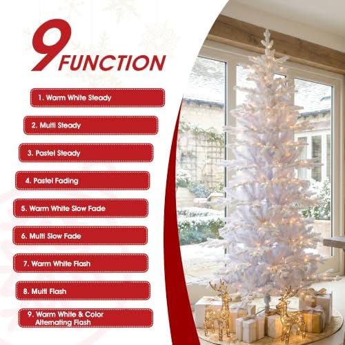 Glitzhome 7.5ft Prelit Artificial Christmas Tree, Slim White Frostfall Fir Xmas Tree with 360 Warm White & Multi-Color Lights, 1,486 Branch Tips, Flocked Christmas Tree for Indoor Holiday Spaces
