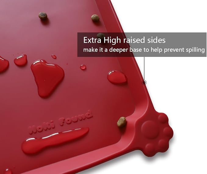 Hoki Found X-Large Silicone Non Slip Pet Feeding Mats - Waterproof Dog Cat Food Mats for Carpet - Classic Red