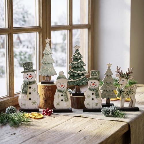 7 Pcs Christmas Table Decor Wooden Snowman Tree Deer Decor, Sage Green