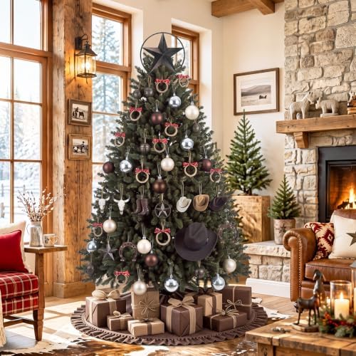 46 Pcs Western Christmas Tree Decorations Star Tree Topper Cowboy Hat Christmas Balls Bow Napkin Rings Metal Bells Western Cowboy Hanging Ornaments for Xmas Home Office Decorations