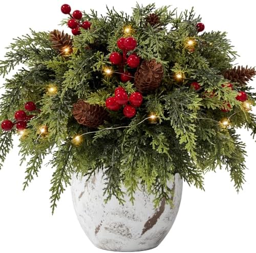 24 Piece Set: 12Pcs Christmas Cedar Branches with LED Lights, Red Berries