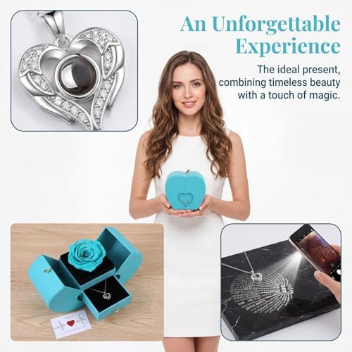 Preserved Rea Cyanl Rose with I Love You Necklace 100 Languages, Gifts for Girlfriend, Women, Mom, Wife, Gifts Idea on Christmas, Valentine's Day, Mother's Day, Birthday, Anniversary, Thanksgiving
