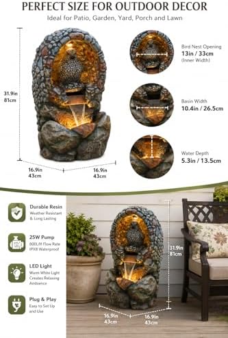 EROMMY Water Fountain for Outdoor with LED Lights, 31.9" Tall Bird Nest Waterfall Fountain, Resin Garden Fountain with 25W Pump, Freestanding Water Feature for Patio, Backyard, Porch & Lawn