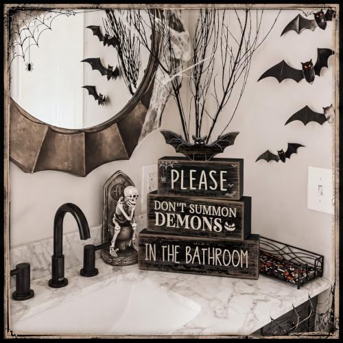 Moucuny 4 Pcs Halloween Bathroom Decoration Gothic Bat Wooden Stacked Block