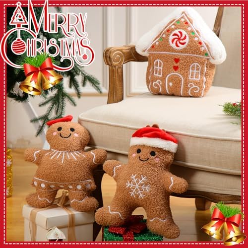 Konohan 3 Pcs Christmas Gingerbread Man Throw Pillows for Christmas Decor