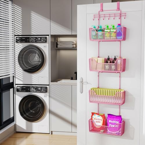 HapiRm Over Door Organizer Storage - Hanging Door Organizer with 4 Metal Large Capacity Baskets and Adjustable Coat Hook for Bathroom Bedroom Kitchen Pantry Closet Cabinet
