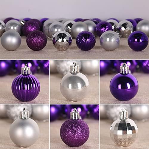 Purple & Silver 2.5" Christmas Balls Christmas Tree Decoration Ornaments Shatterproof Hanging Balls for Birthday Halloween Holiday Wedding Decorations Set of 36pcs