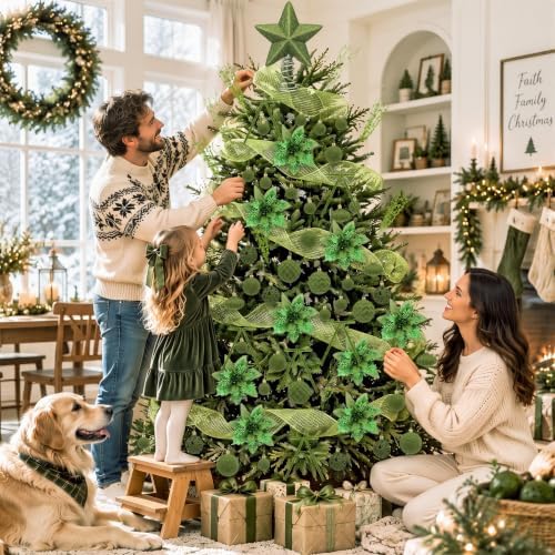 84 Pcs Christmas Tree Decorations Star Topper Ornaments Artificial Poinsettia Flowers Green Balls Velvet Bow Berry Picks Christmas Tree Hanging Ornaments for Xmas Home Office Decorations