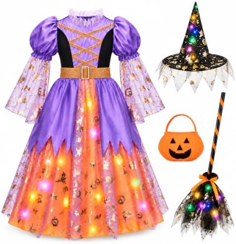 Witch Costume for Girls, Light up Halloween Witch Dress Ages 3-10