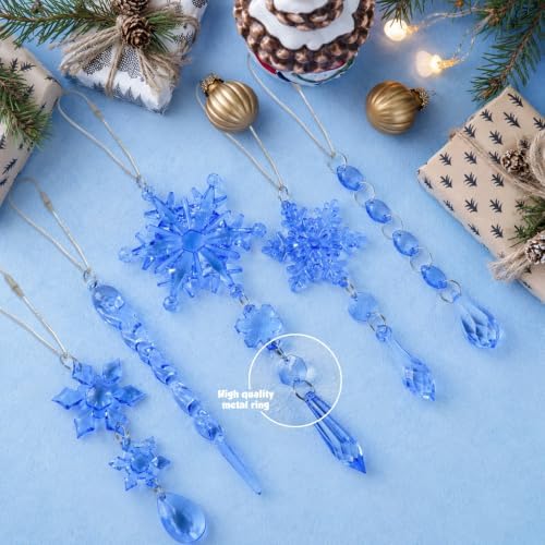 36pcs Crystal Christmas Ornaments for Tree Decorations, Royal Blue Hanging Acrylic Snowflake Icicle Star Ornaments with Drop Pendants for Winter Wonderland Chandelier Crystals Decorations Supplies