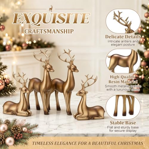 Thyle 4 Pcs Christmas Reindeer Decor Indoor Bronze Resin Deer Figurine