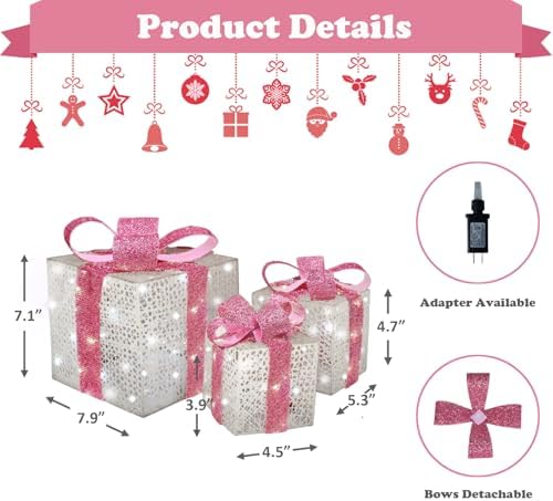 Lighted Gift Boxes Set of 3, Pink Christmas Décor Gift Boxes, Prelit 60 White Lights Present Box Lighted Display with Plug for Home Porch Outdoor Yard Valentines Day Pink Christmas Decorations