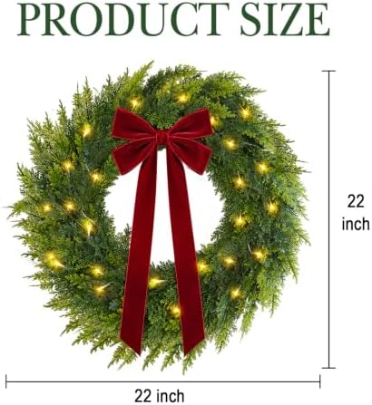 Christmas Decorations, 22 Inch Pre-Lit Christmas Wreath with Red Velvet Bow