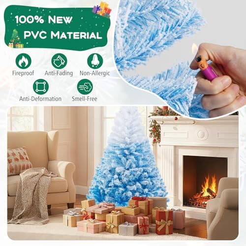 HAPPYGRILL 5 FT Flocked Christmas Tree Blue Hinged Xmas Tree with 456 Branch Tips & Folding Metal Stand, Artificial Christmas Tree for Home Office Carnival
