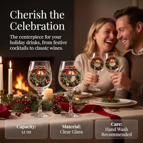 Christmas Wine Glass Collection Gift Box Set, Christmas Wine Glasses, Raised Holiday Goblet with Snowflake Decor, Festive Glassware, Wines & Cocktails, Holiday Party & Table Decor (E)