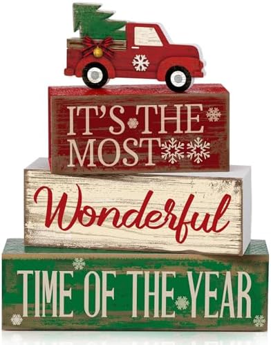 Moucuny 4 Pcs Christmas Red Truck Centerpiece Wooden Block Signs Tabletop