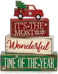 Moucuny 4 Pcs Christmas Red Truck Centerpiece Wooden Block Signs Tabletop