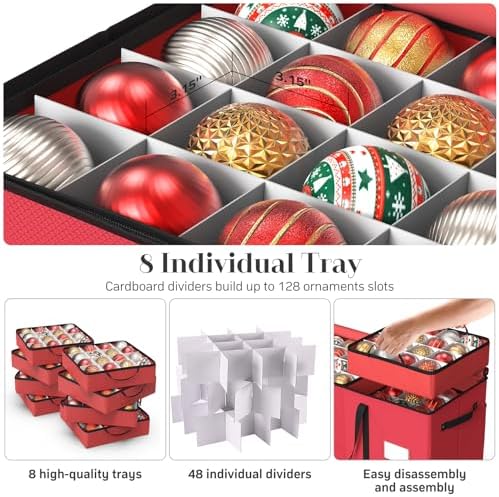Winpull Christmas Ornament Storage Box with 8 Trays, Christmas Storage Container for 128-3'' Holiday Ornament Decorations, Large Xmas Organizer with Adjustable Dividers, Dual Zipper and Pocket - Red