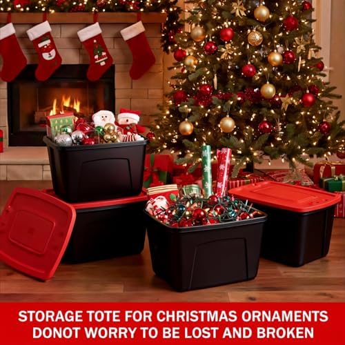 SIMPLYKLEEN 4-Pack Christmas Storage Bins with Lids - Made in USA 18-Gallon(72-Quart)Red Storage Totes,Holiday Organizer,Plastic Stackable Large Storage Boxes for Home,Office,Garage,Basement Red/Black