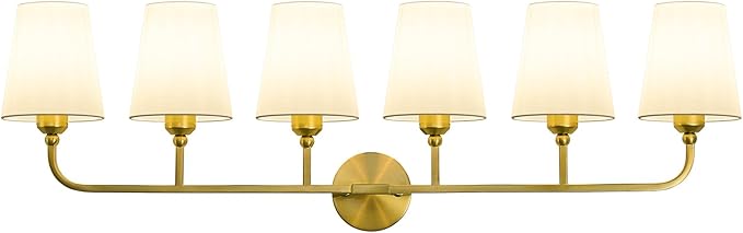 Bathroom Vanity Light, Brushed Gold Bathroom Light Fixtures, 6-Light Lighting Fixtures Over Mirror, Modern Wall Sconce with Flared White Fabric Shade, E26 Socket(ETL Listed)