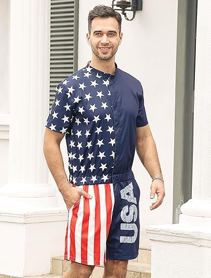 RAISEVERN Mens Romper Male Zipper Shorts Sleeve One Piece Bro Outfits