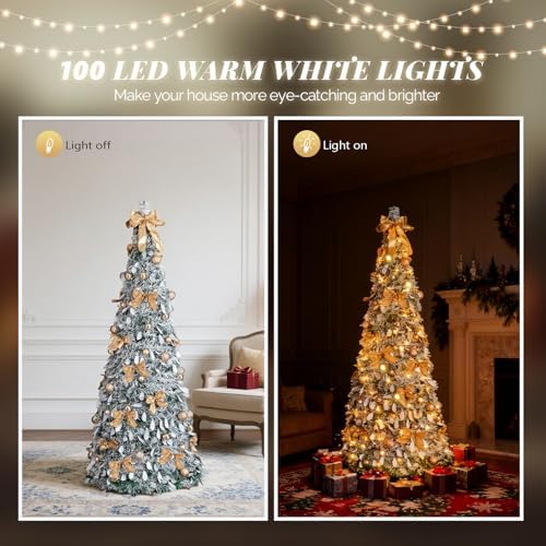 VINGLI 6ft Pre Lit Pop Up Christmas Tree w/ 100 Lights, Fully Decorated Flocked Pencil Christmas Tree, Collapsible Xmas Tree for Holiday Party Decorations, Gold