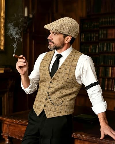 1920s Mens Costume, Roaring 20s Costumes for Men 1920s Mens Outfit with Walking Cane Vest Hat 1920 Mens Accessories