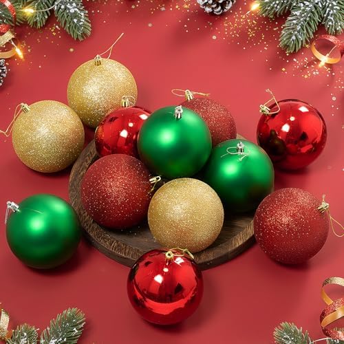Jenaai 12 Pack Red Gold Green Large Christmas Ball Ornaments Set, 4 Inch