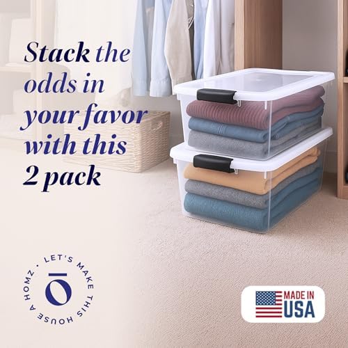 HOMZ Clear Plastic Storage Bin with Secure Latch, 64 Qt, 2 Pack