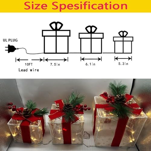 Christmas Decorations Indoor, Lauzior Set of 3 Christmas Lighted Gift Boxes 60 LED Light Up Xmas Present Ornament for Tree Indoor Outdoor Yard Holiday Door Decor- Small, Warm White Xmas Lights