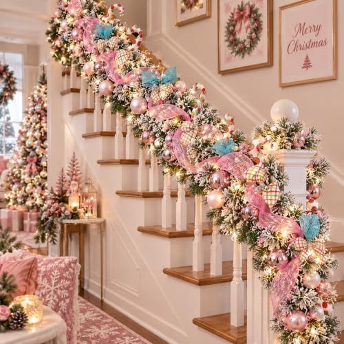 Riceshoot 6 ft Candy Pastel Christmas Artificial Garland with LED Lights