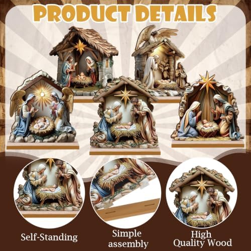 RattanView 5 Pcs Christmas Table Decorations Wooden Christian Religious Decoration Nativity Scene Centerpiece Holy Night Tiered Tray Decor Nativity Scene Christmas Block Signs for Home Kitchen Shelf